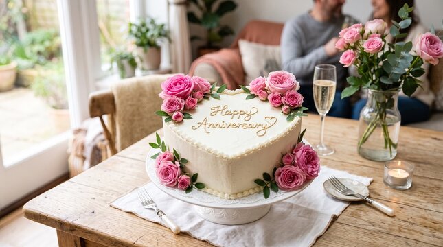 A Romantic Anniversary Celebration with a Heart-Shaped Cake Adorned with Fresh Pink Roses, a Glass of Champagne, and a Happy Couple in the Background on a Rustic Wooden Table at Home