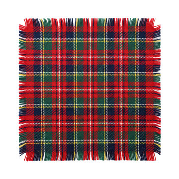 Vibrant red, green, and blue plaid fabric swatch with fringed edges is neatly displayed on a clean white background