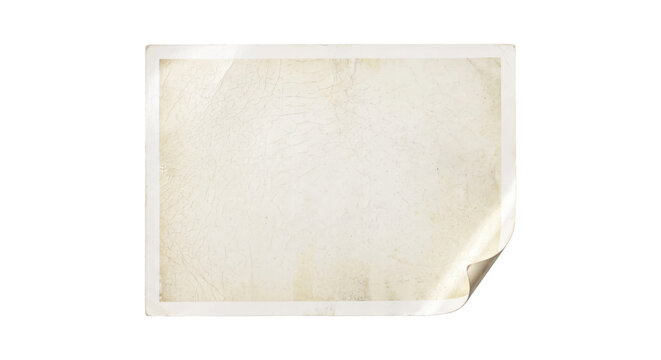 Old blank rectangular photo paper with curled corner and cracked texture isolated on a white background