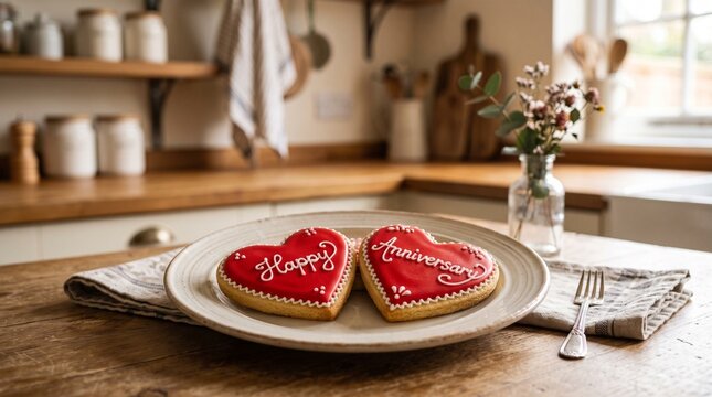 Two heart-shaped cookies, one saying 'Happy' and the other 'Anniversary' in white icing, sit on a white plate on a wooden kitchen counter with a vase of flowers and a window in the background.