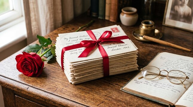 A stack of vintage handwritten letters tied with a red silk ribbon resting on a rustic wooden desk beside a blooming red rose, an open journal, and classic spectacles in a nostalgic room