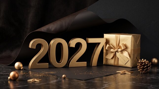 A Luxurious Golden 2027 New Year Celebration Theme Featuring Metallic Numbers and a Wrapped Gift Box on a Dark Textured Background with Elegant Festive Ornamentation