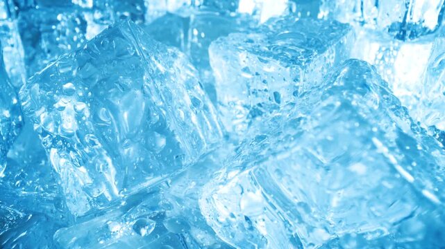 Fresh pile of melting ice cubes with crystal clear water droplets glistening in cold blue light for refreshing beverage background.