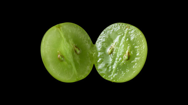 A fresh green grape cut in half, showcasing juicy texture and seeds, presented as an isolated on transparent background element for culinary designs