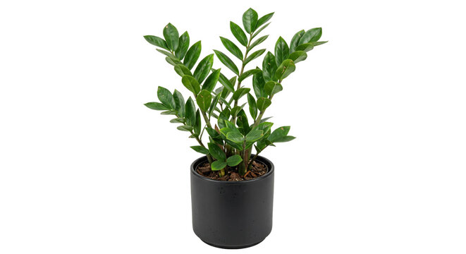 Vibrant green ZZ plant with glossy leaves stands tall in a sleek black pot against a clean white background