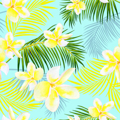 Tropic plumeria flowers seamless watercolor pattern on teal blue background with palm leaves. Hawaiian summer print. Summertime illustration. Sea beach spa print © AineGing