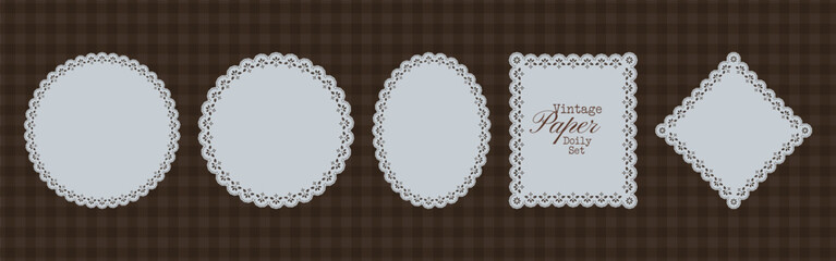 Vintage embroidery doily frames mix round, oval, square and diamond shapes with floral scallops. Whimsy lace napkins for wedding stationery, scrapbook collage, greeting card and cottagecore craft. © Alena creator