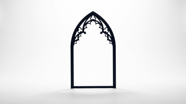 Minimalist black gothic arch window frame isolated on a clean white background studio shot