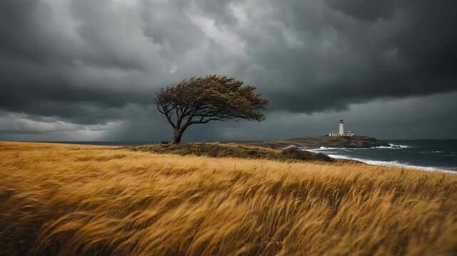 Isolated Tree in Golden Grass Field with Dark Storm Clouds and Lighthouse in Distance