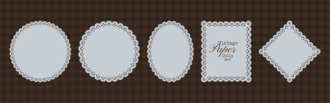 Vintage embroidery doily frames mix round, oval, square and diamond shapes with floral scallops. Whimsy lace napkins for wedding stationery, scrapbook collage, greeting card and cottagecore craft.