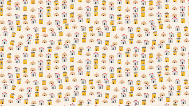 Pattern of cartoon houses and huts