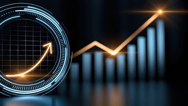 A dynamic digital illustration depicting a glowing orange arrow ascending through a digital circular interface and over a bar graph. ..Created with Generative AI, not depicting real subjects.