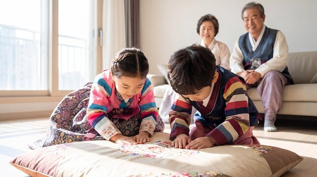 Korean children in colorful hanbok with smiling grandparents at home during Seollal Lunar New Year holiday