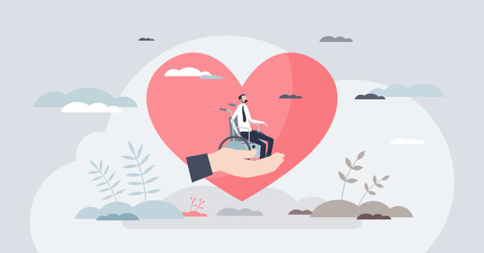 Patient-centered care depicted with a large heart, a helping hand, and a wheelchair user, conveying empathy and supportive healthcare for people with disabilities. Tiny style