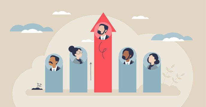 Transformational leadership ascent, a red arrow lifts a leader above team columns, symbolizing vision, growth, and inspiration, key objects, arrow, leader, team. Tiny style