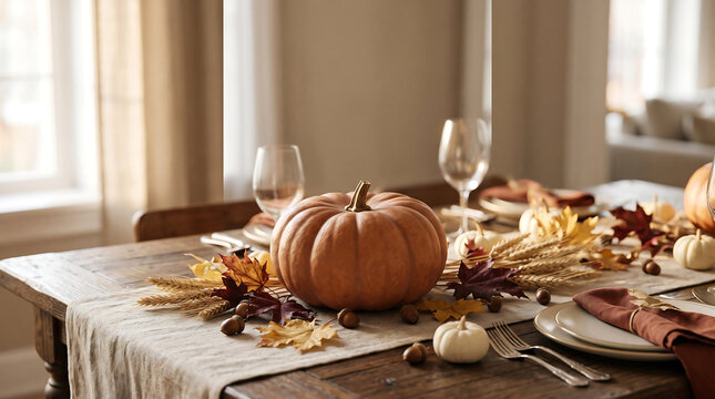 Autumn harvestthemed table setting with large orange pumpkin, wheat stalks, white gourd, glasses, and leaves. Suitable for fall decorations and thanksgiving.