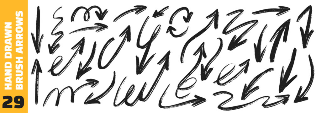 Hand drawn brush thick arrows with loops, spirals and sharp zigzag pointer shapes. Rough sketchy strokes in various directions.