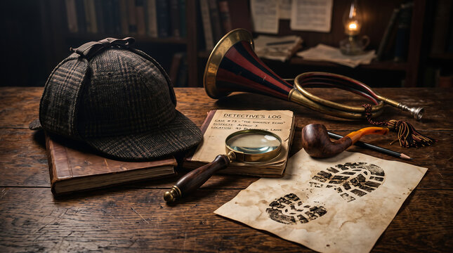 Sherlock holmesinspired items such as deerstalker hat, magnifying glass, pipe, brass horn, and footprint paper on a desk. Perfect for detectivethemed designs.