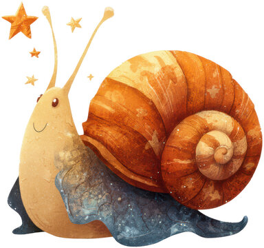Whimsical Snail with Stars: A charming, illustrated snail with a bright, happy expression and a spiral shell, adorned with twinkling stars, embodying imagination and wonder.