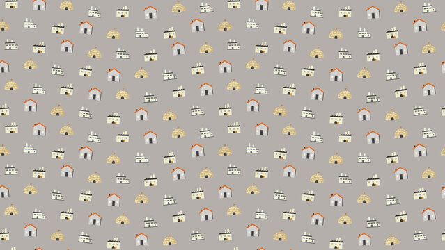 Seamless pattern of houses, factories, and igloos