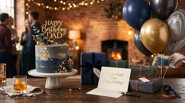 Festive image featuring birthday cake gift boxes, greeting card, metallic balloons, whiskey drink, and party guests. Suitable for birthday celebrations.