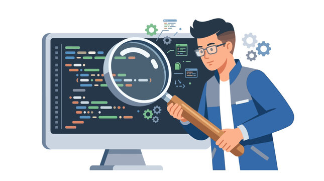 Professional Developer Debugging Program Code for Quality Assurance and System Audit Flat Design Vector Illustration