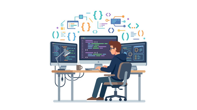 Professional software developer coding on multiple monitors in modern workspace flat design vector illustration