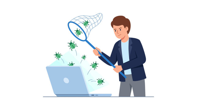 Professional software QA tester catching digital bugs from a laptop with a net flat design vector illustration.