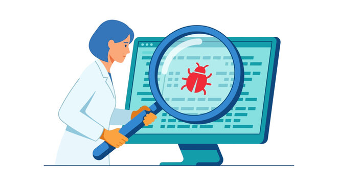 Professional software tester inspecting computer screen with magnifying glass for bugs flat design vector illustration