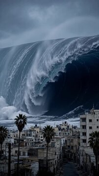 Massive Ocean Wave Crashing Over Coastal Cityscape Under Dark Clouds with Palm Trees