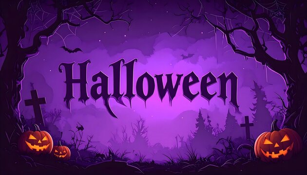 Texto Halloween sobre fondo morado con calabazas y &aacute;rboles oscuros