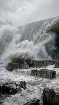 Massive Ocean Waves Crashing Against Rugged Rocks Under Dramatic Cloudy Skies