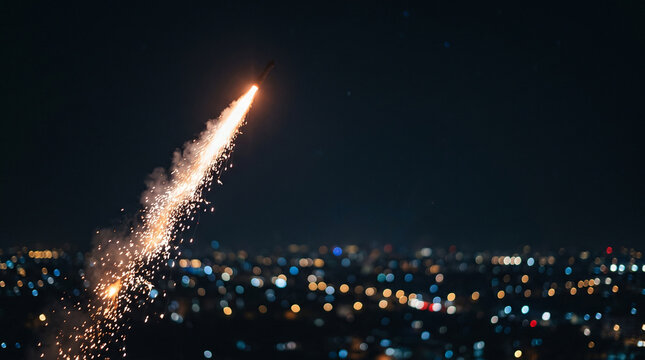 Festive firework rocket launching into the night sky with a trail of sparks during Navratri celebrations. Sparkling firework over blurred city bokeh for Diwali, Dussehra or New Year's Eve.