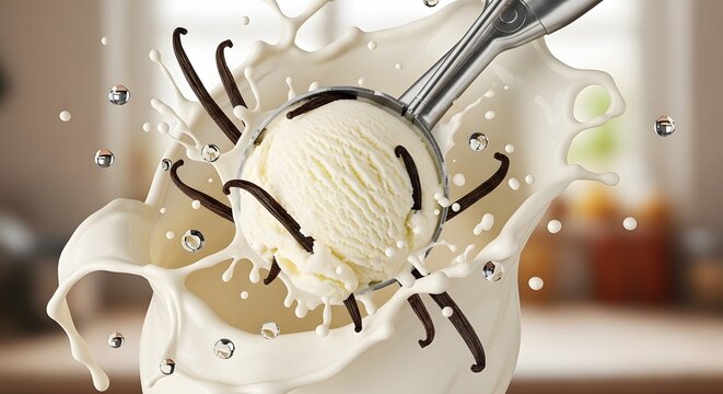 Vanilla Ice Cream Lifted with Metal Scoop
Vanilla Bean Ice Cream with Milk Splash
Ice Cream Scoop Lifting Vanilla Dessert
Vanilla Ice Cream Splash in Bright Kitchen
Scooping Vanilla Bean Ice Cream fro