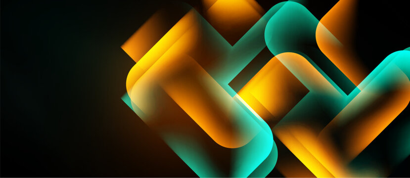 Abstract geometric shapes overlap, creating vibrant orange, teal gradients. Dark background emphasizes luminosity, modern design aesthetic.
