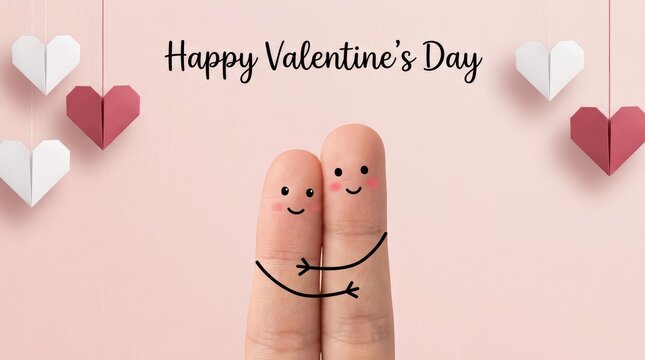 Happy valentine day with cute finger puppets hugging each other decorated with paper hearts on pink background