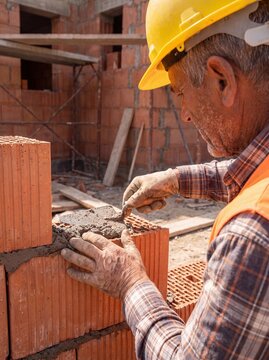 Close up of bricklayer building exterior wall with ceramic masonry blocks, construction worker applying mortar with trowel on residential construction site