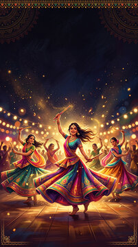 Indian women dancing Garba and Dandiya during Navratri celebration, festive flyer background with colorful traditional attire, bokeh lights and mandala art for poster and invitation design.