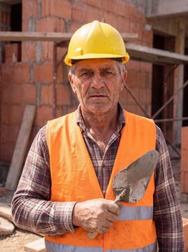 professional worker using masonry trowel and cement mortar during construction