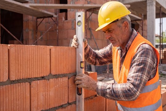 Professional construction worker laying clay bricks with masonry trowel, close up of hands applying cement mortar during residential house construction