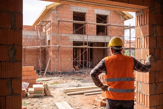 Close up of professional bricklayer installing ceramic bricks on construction site, skilled worker using trowel with cement mortar for building exterior brick walls