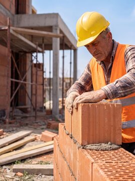 Close up of professional bricklayer installing ceramic bricks on construction site, skilled worker using trowel with cement mortar for building exterior brick walls