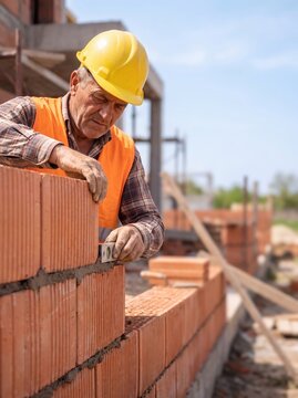 Close up of professional bricklayer installing ceramic bricks on construction site, skilled worker using trowel with cement mortar for building exterior brick walls