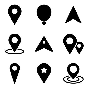Set of black map pin and navigation icons for digital interface design and location tracking applications