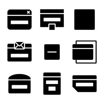 Minimalist black user interface icon set featuring web windows and digital form elements for software design