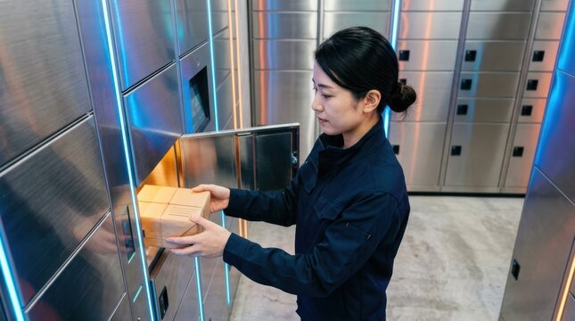 Small logistics business in action. A woman places a cardboard parcel into an automated digital locker for customer pickup.