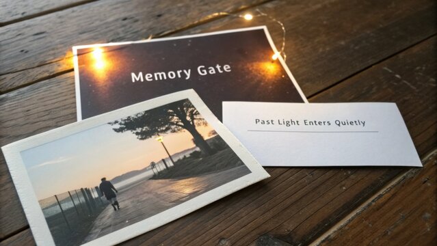 Memory Gate Photograph Display on Rustic Wood Surface