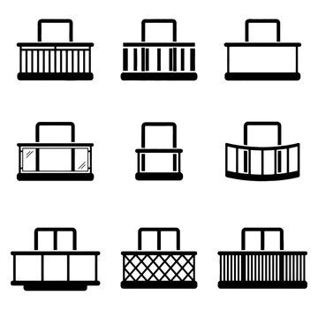 Collection of black balcony icons showing various railing designs for architectural planning and real estate projects