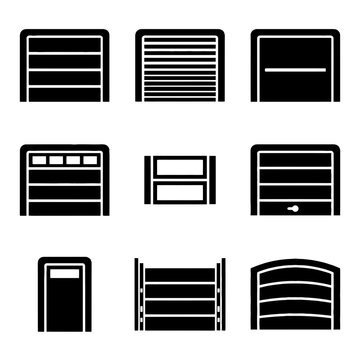 Minimalist black garage door icons set representing various residential and industrial rolling shutter styles for architectural design