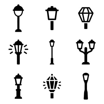 Collection of black street lamp and vintage lantern icons arranged in a grid for urban design projects